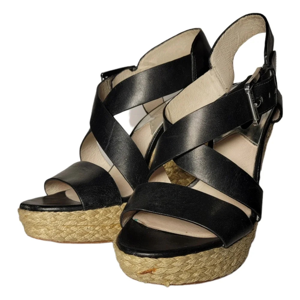 Michael Kors Giovanna Black Leather Espadrille Wedge Sandals Size 7 - Picture 2 of 5